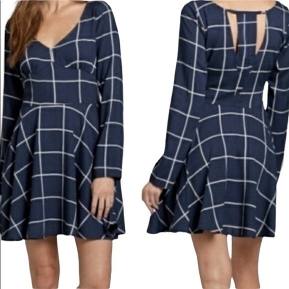 Abercrombie Back Cutout Window Pane Print Mini Dress Long Sleeve Fit Flare - Picture 1 of 16